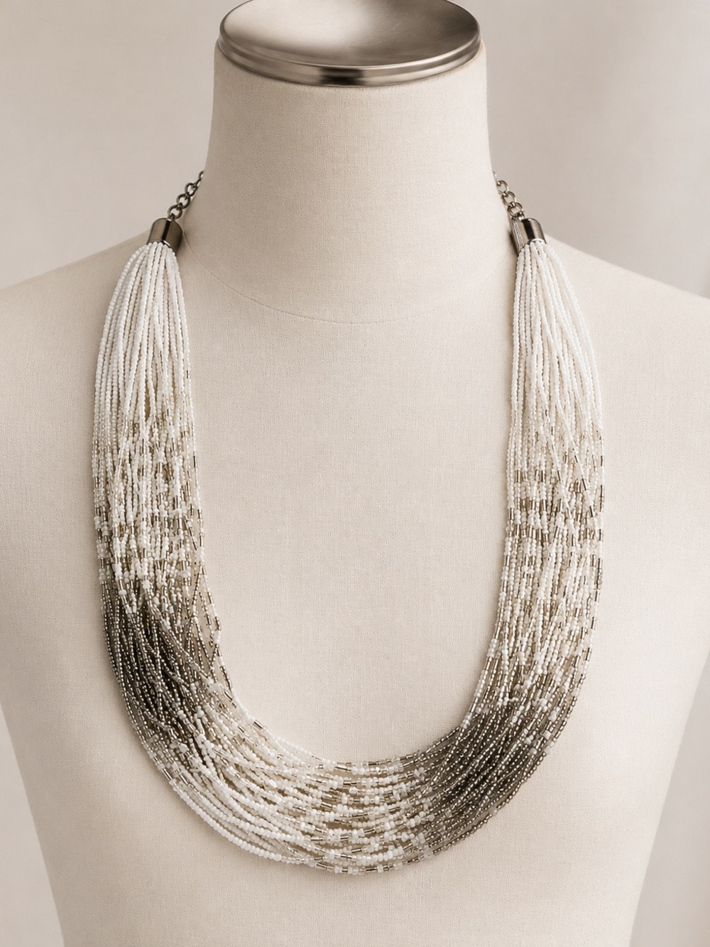 Vintage Long Multi Strand White Beaded Necklace Silver Tone 80–85 cm